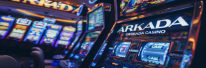 Игровой автомат с логотипом Arkada Casino, яркий зал с неоновыми огнями