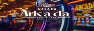 Слот-машины и яркая вывеска Arkada Casino в освещённом игровом зале