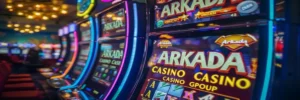 Игровой автомат с логотипом Arkada Casino, залитый неоном